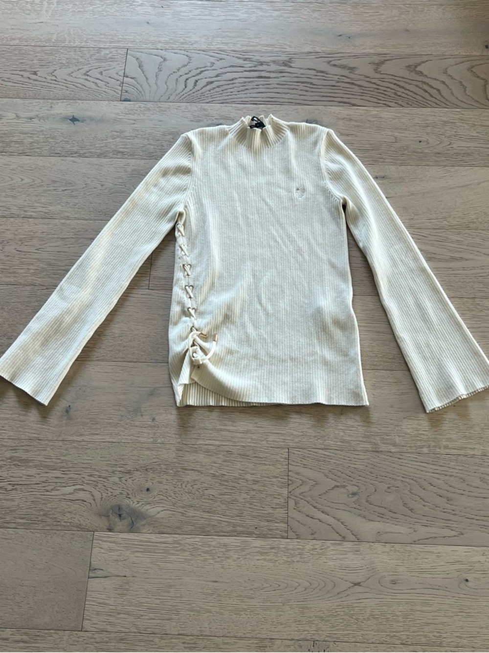 Maje Cream Ribbed Mock Neck Sweater with Side Lace-Up